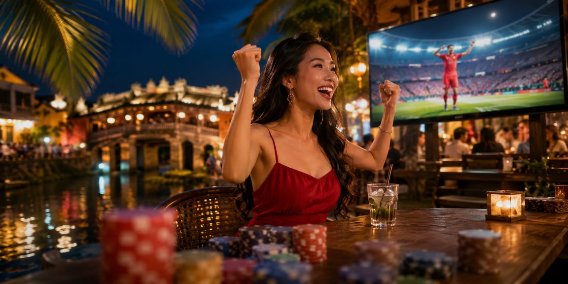 Người dùng tại Hội An xem kèo bóng đá và kiểm tra ưu đãi thể thao trong quán cà phê
