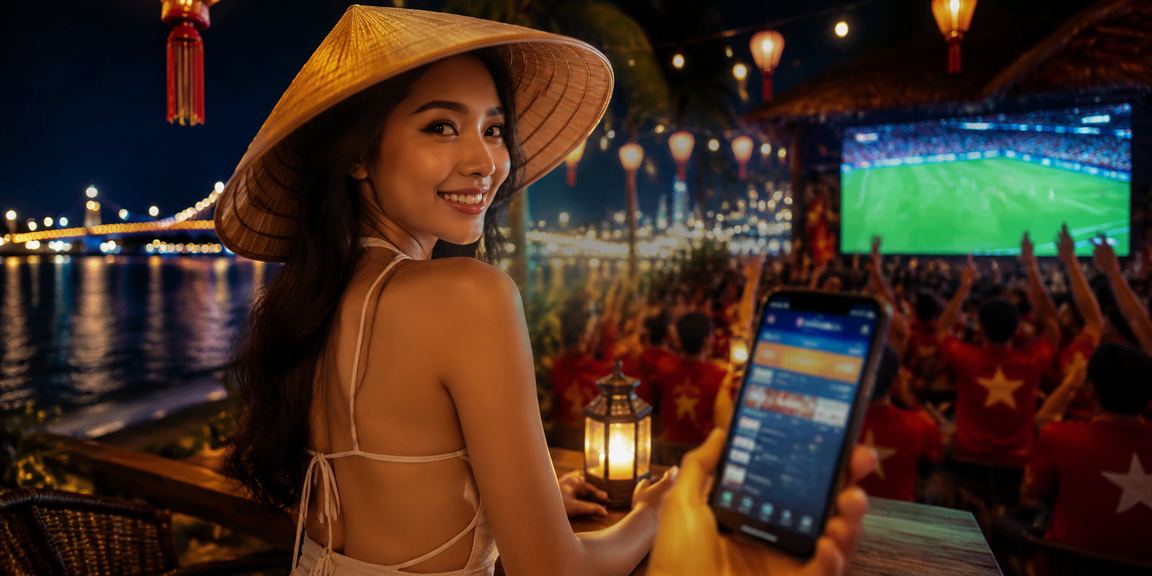 Người dùng vùng Mekong đọc phân tích kèo bóng đá trên điện thoại với nón lá truyền thống